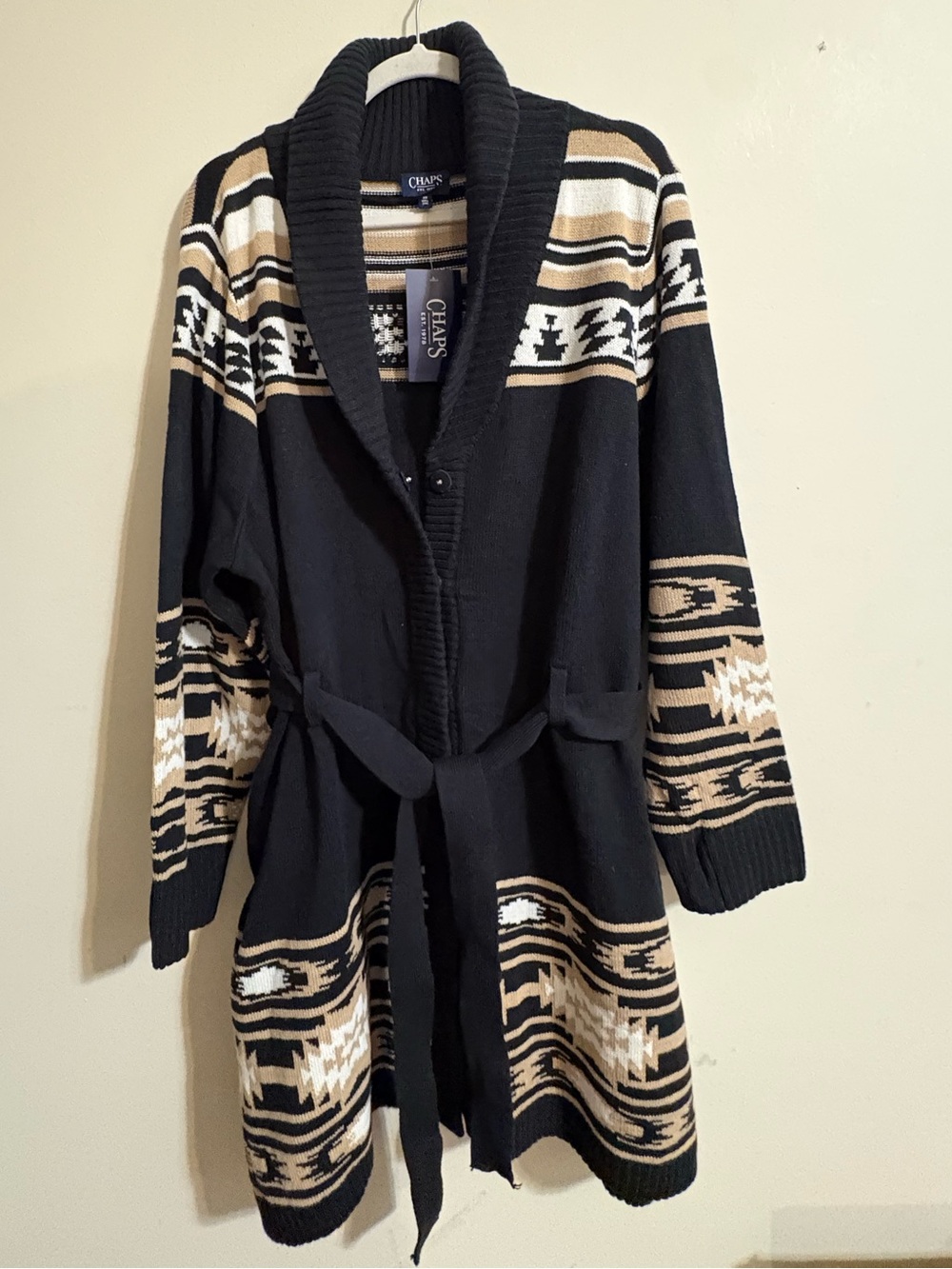 Chaps sweater women’s 2XL black tan Southwestern style belted long cardigan NWT
